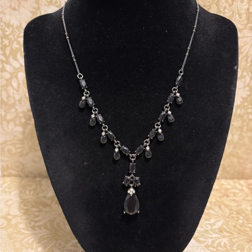 Liz Claiborne Gunmetal Tone Crystal Drop Necklace 16”+2”